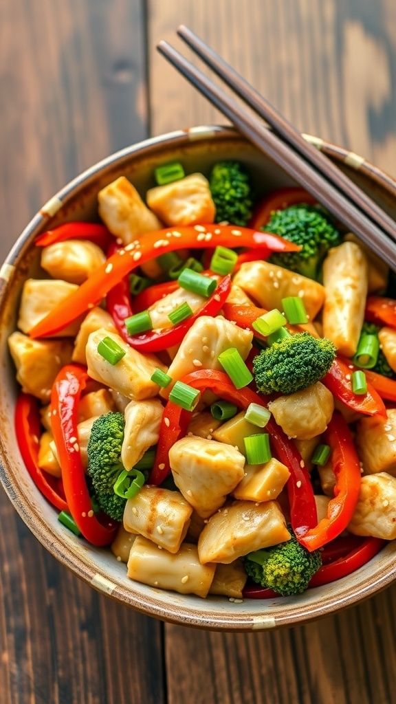 A colorful zero carb chicken stir fry with chicken, bell peppers, broccoli, and zucchini, garnished with sesame seeds and green onions.